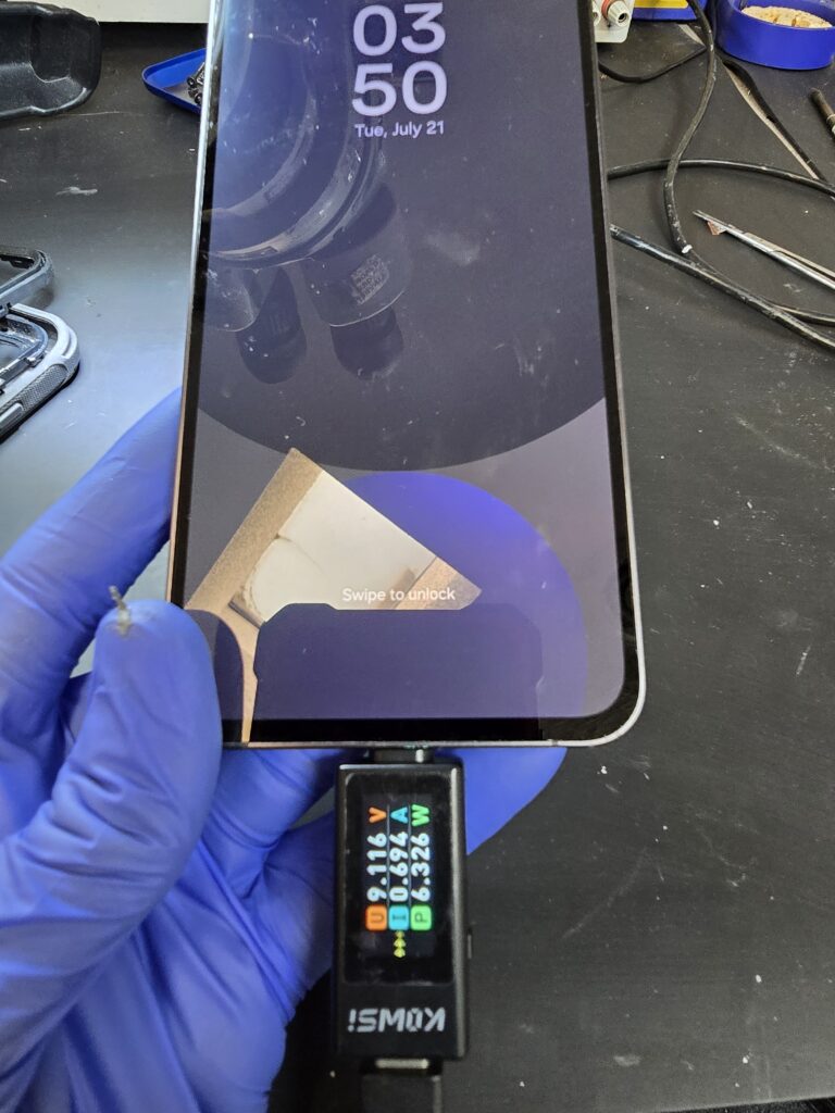 Samsung Galaxy S21 Ultra charging issue diagnostic using a USB voltage and amperage meter to test the charging port at iFIx 757 in Virginia Beach