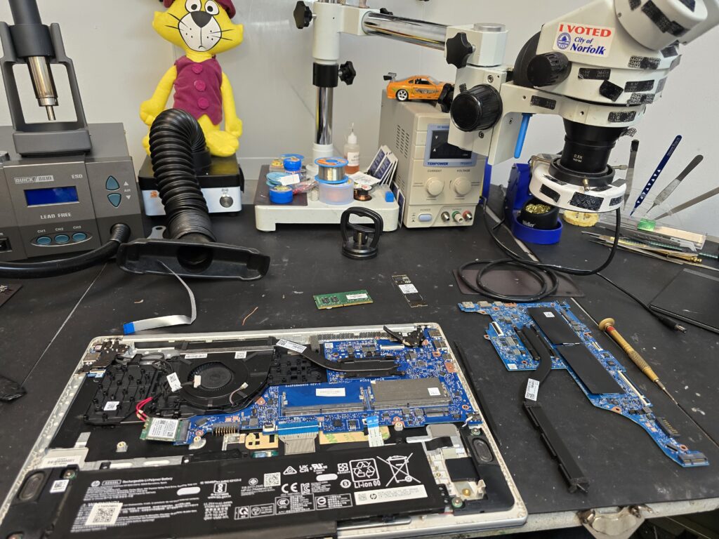 HP laptop motherboard repair and board-level diagnostics completed at iFix 757 in Virginia Beach